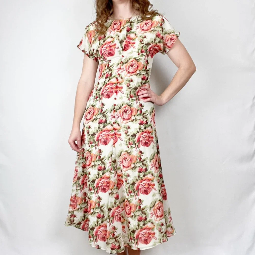 Vintage Floral Fit & Flare Pleated Button Up Midi Maxi Dress Spring Summer Sun - Picture 4 of 6